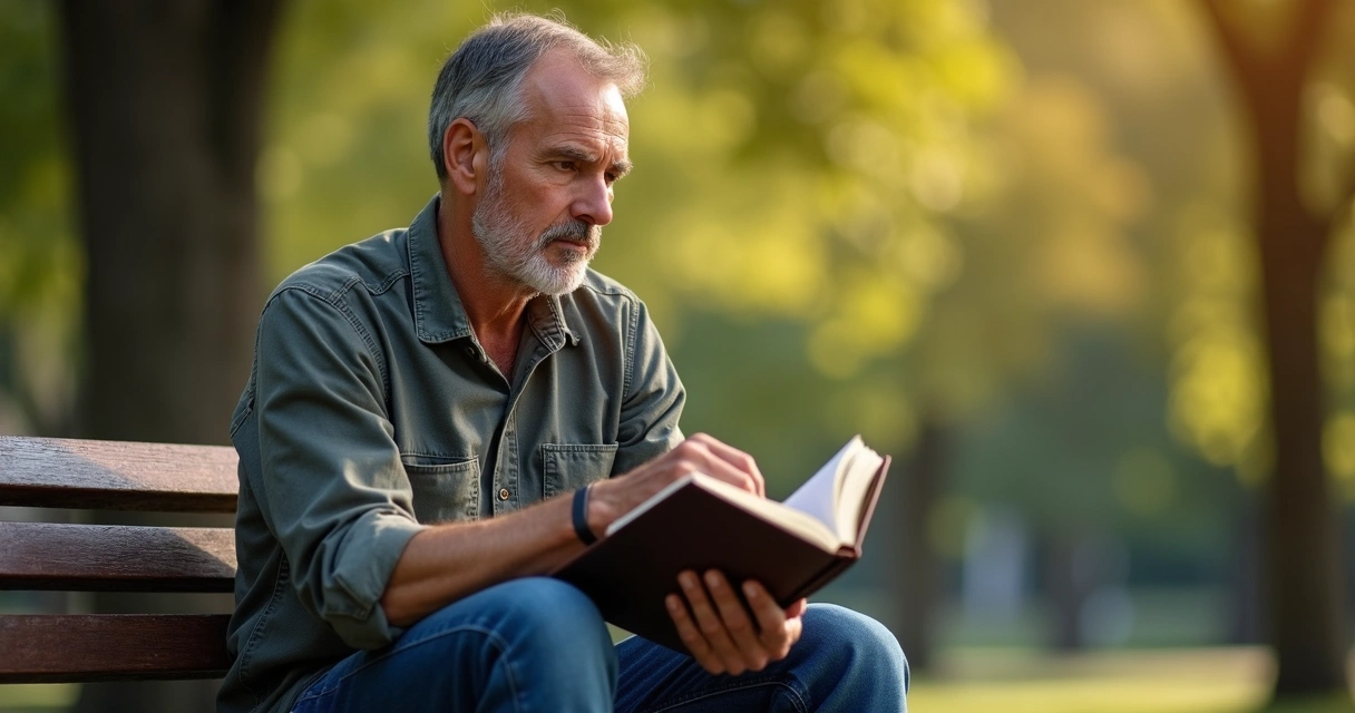 Homem pensativo segurando uma bíblia no colo 