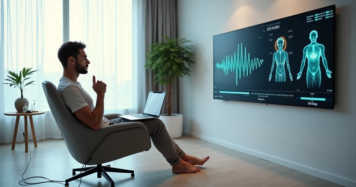 Homem em consultório usando sensores de biofeedback e observando gráficos em tela 