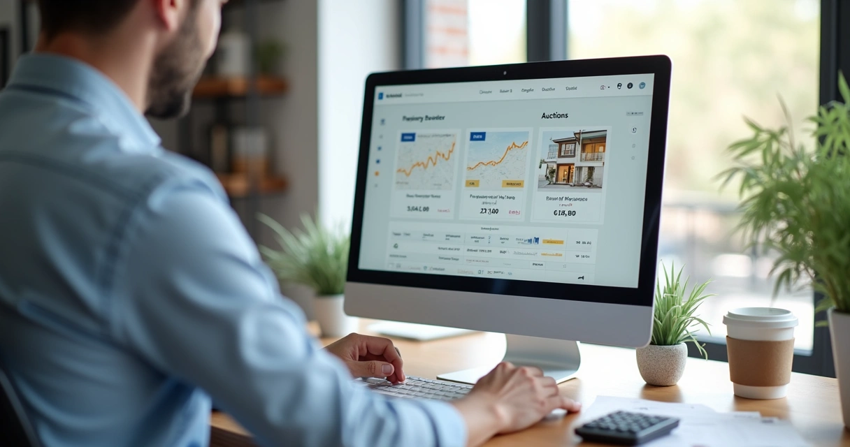 Homem consulta computador em busca de imóveis em leilão 