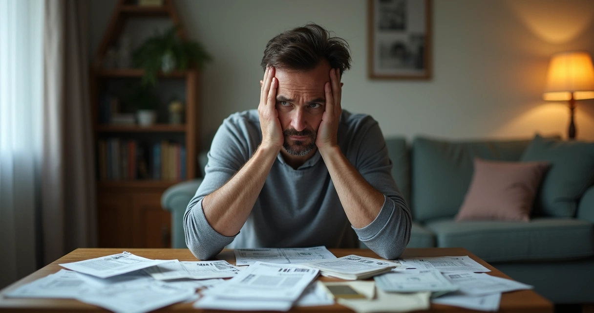 Homem com a cabeça baixa e contas espalhadas na mesa