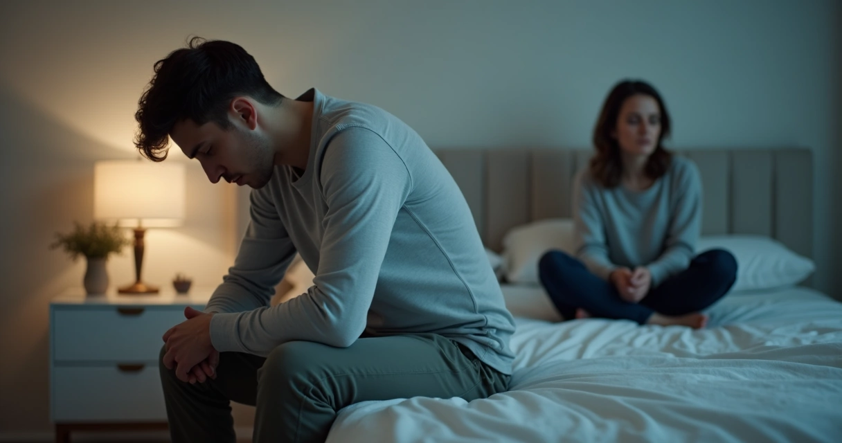 Homem sentado em cama com cabeça baixa ao lado de parceira 