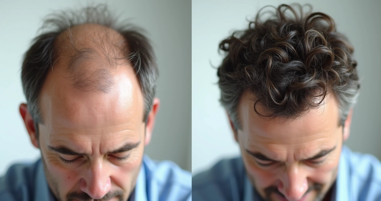 Homem mostrando resultados de antes e depois com tratamento capilar PRP 