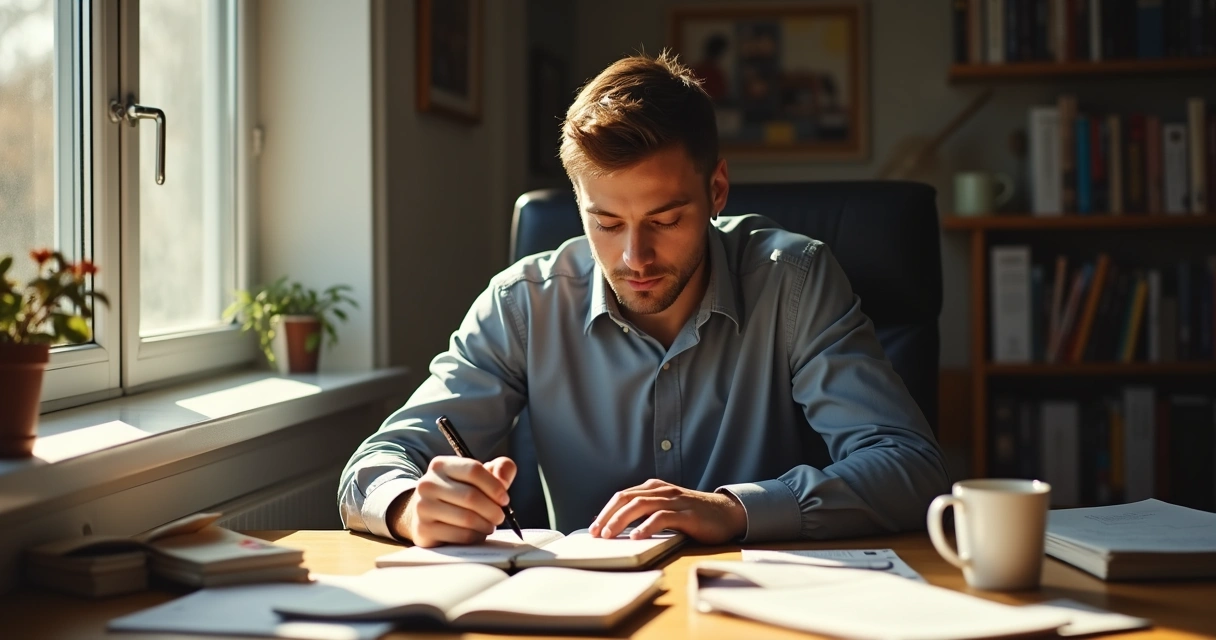 Homem sentado com caderno fazendo anotações 