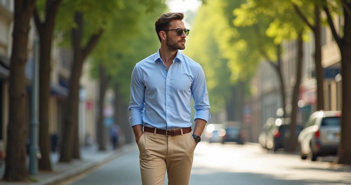 Homem elegante usando cal&ccedil;a de sarja bege com camisa azul clara em rua arborizada 
