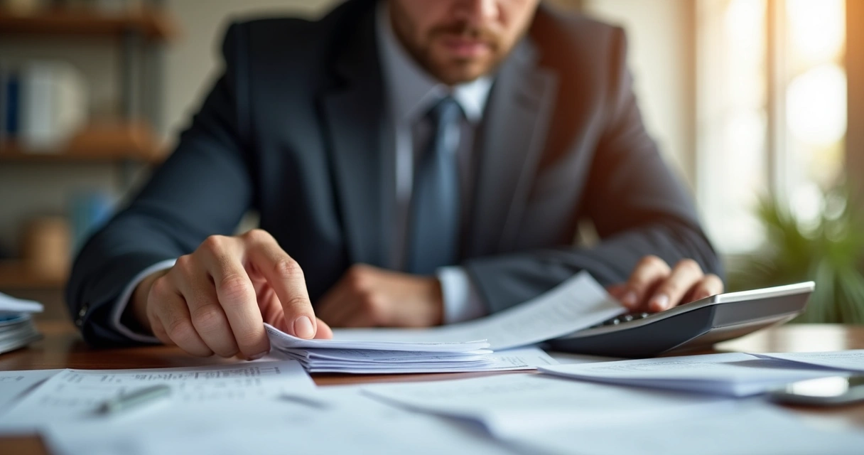 Homem usando calculadora com papéis de contas ao redor