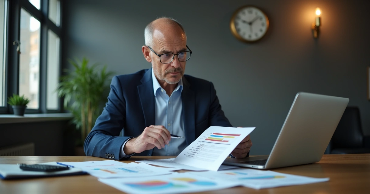 Homem sentado à mesa avaliando papéis e calculadora