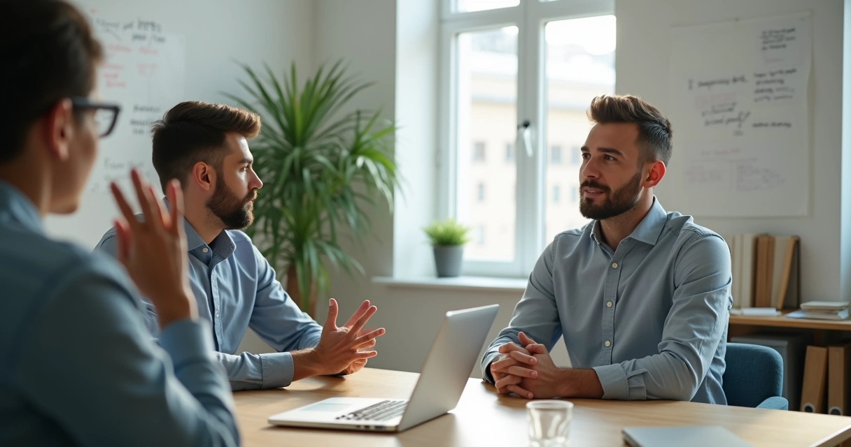 Homem sentado em mesa de reunião mantendo calma enquanto três pessoas o criticam 