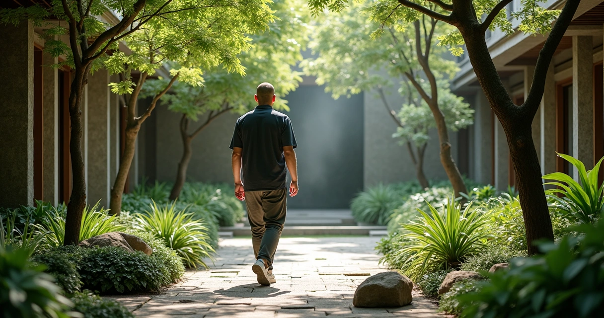 Homem caminhando lentamente em jardim de spa urbano, cercado por árvores e pedras naturais 