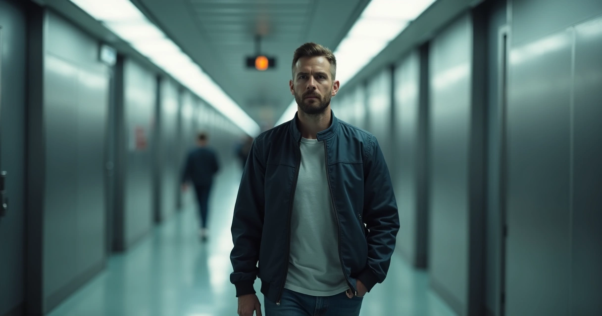 Homem andando em corredor com fundo borrado