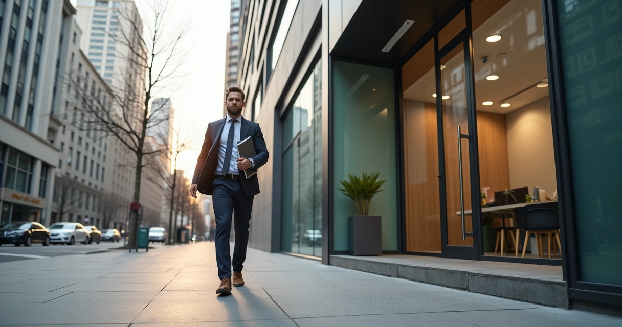 Homem saindo de prédio comercial após consulta 