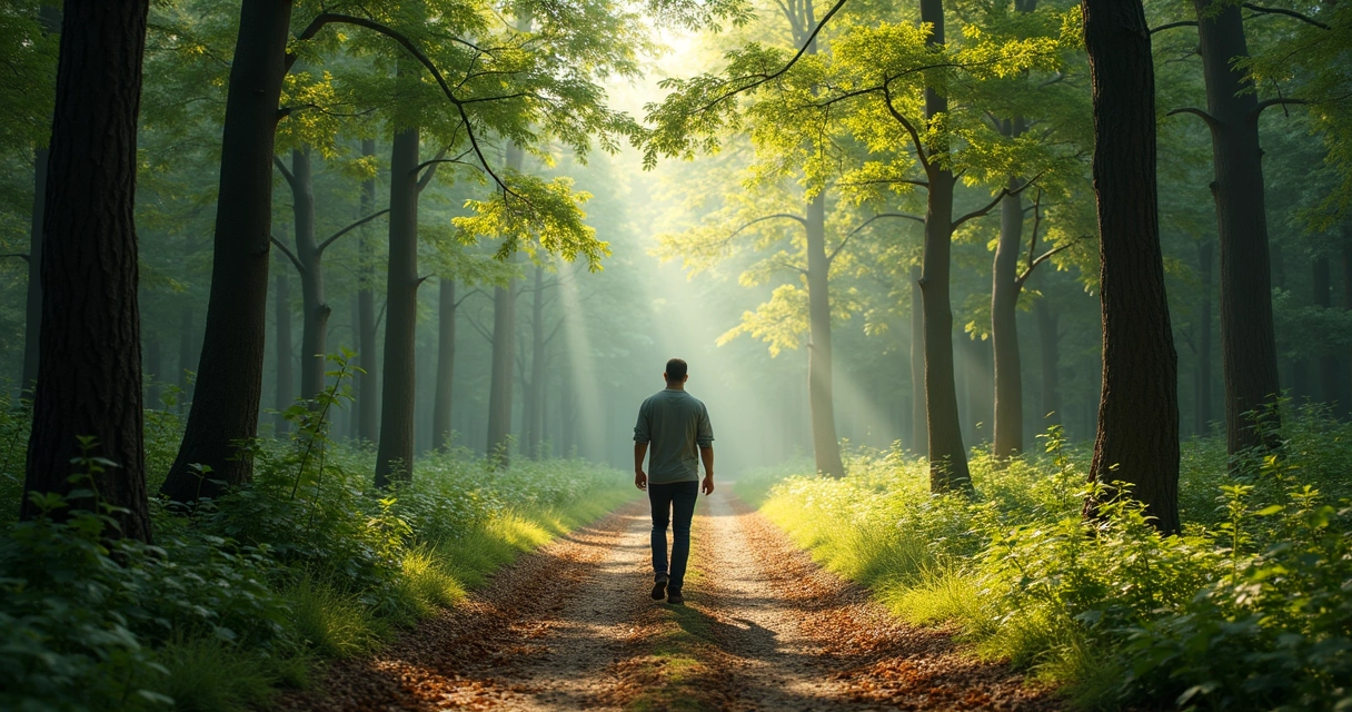 Homem caminhando em floresta onde trilhas se dividem 