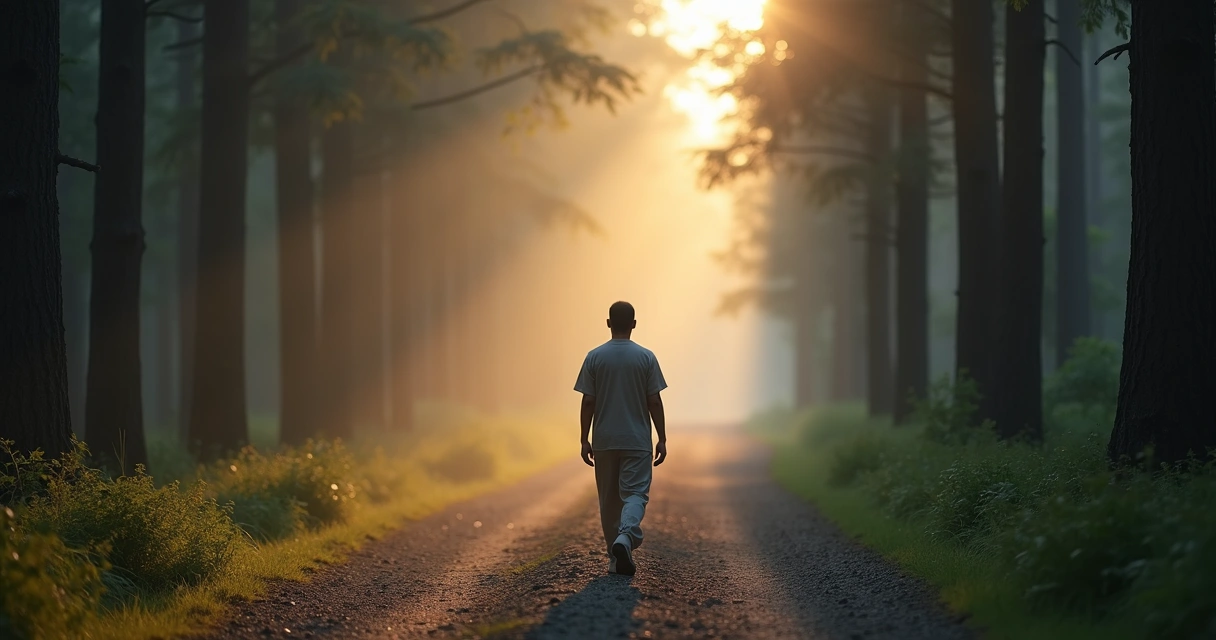 Pessoa caminhando sozinha por estrada na floresta com neblina suave 
