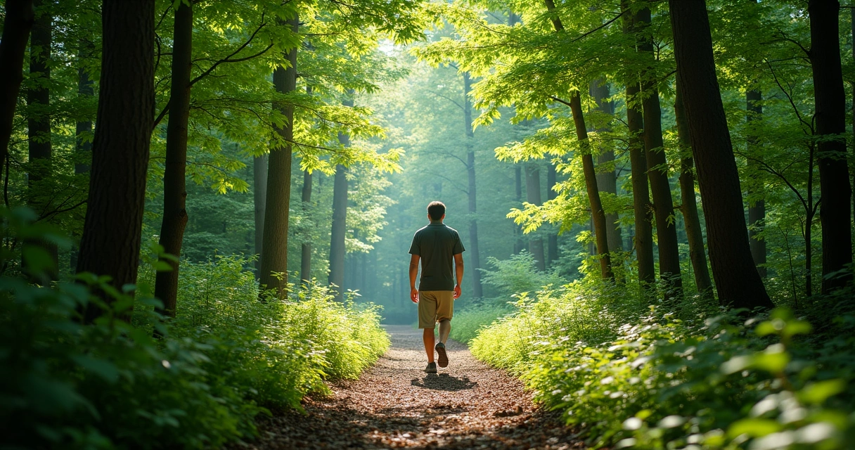 Homem caminhando em trilha na natureza, cercado de árvores verdes 