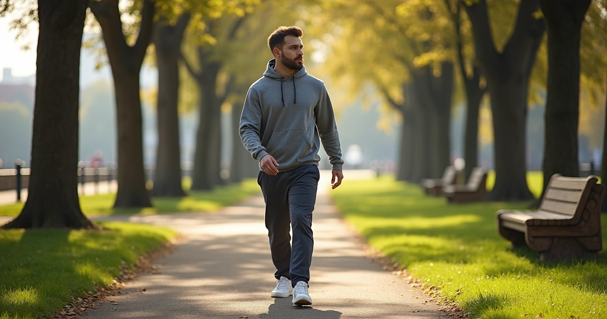 Homem caminhando em trilha de parque urbano 
