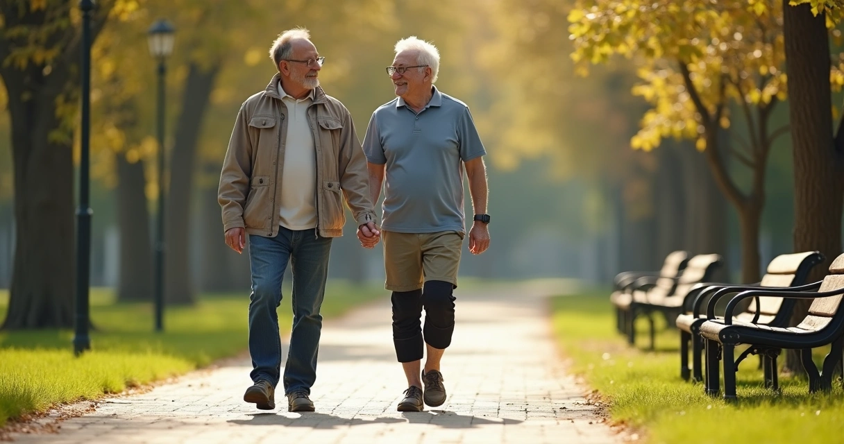 Dois homens maduros caminhando no parque usando joelheiras LegFix pretas 