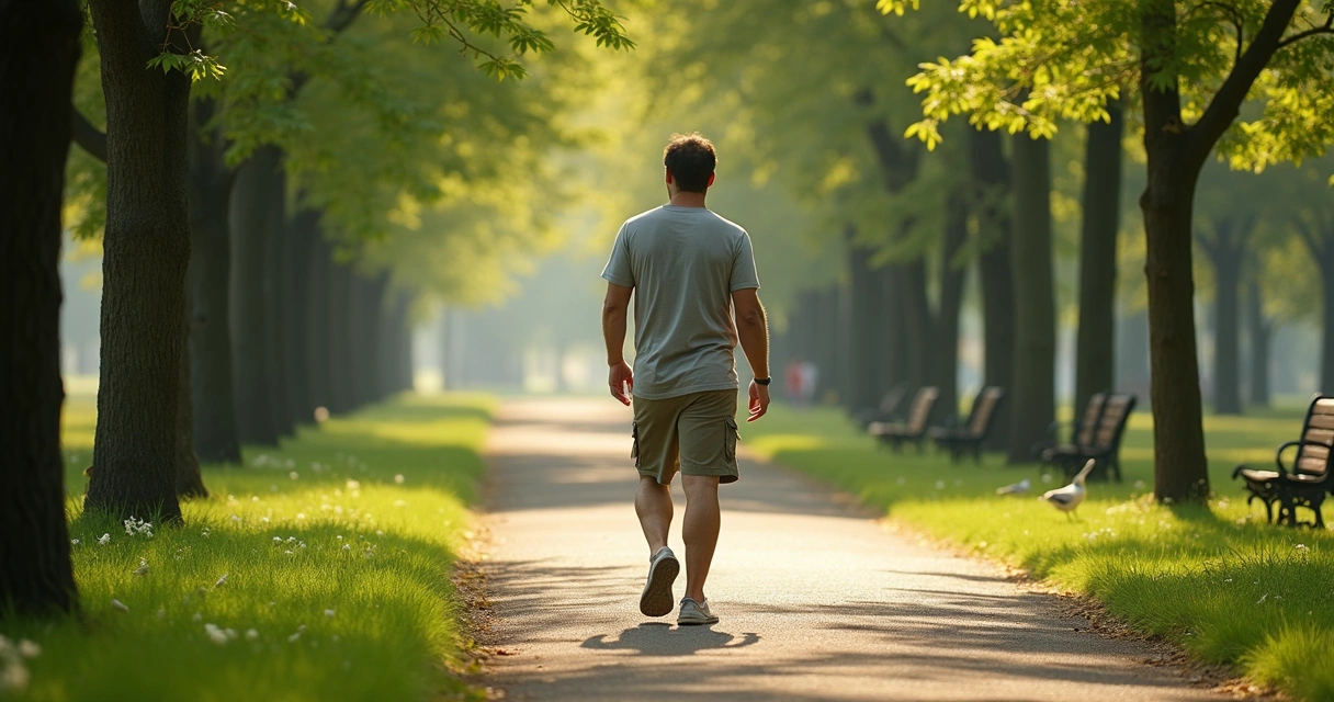 Homem caminhando em parque rodeado por árvores pela manhã.