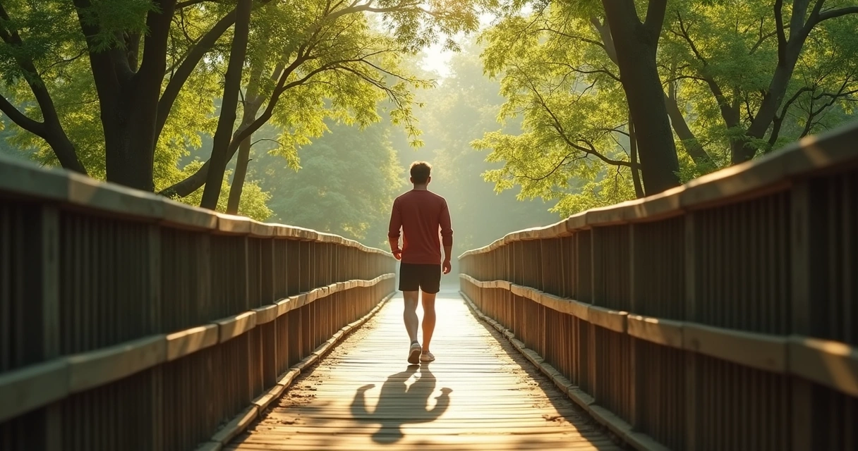 Homem caminhando sozinho em ponte cercado por árvores e luz da manhã