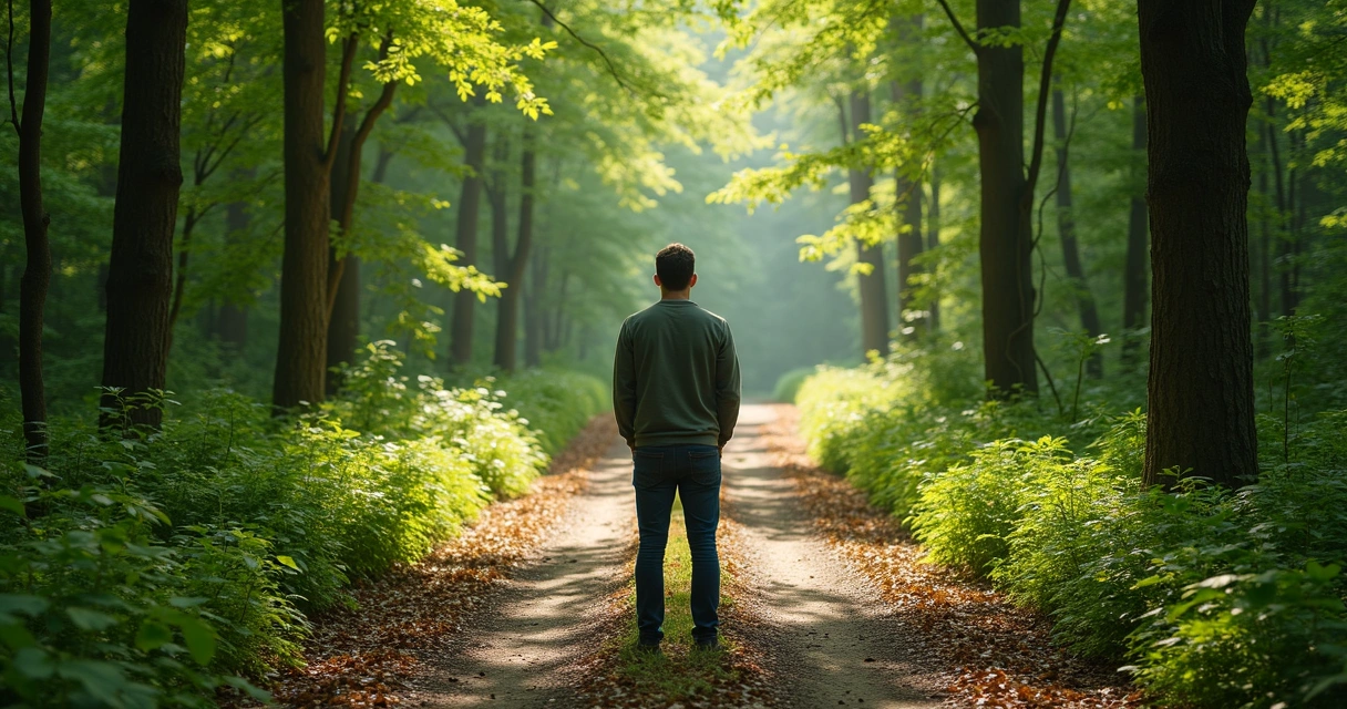 Homem diante de um caminho com bifurcação 