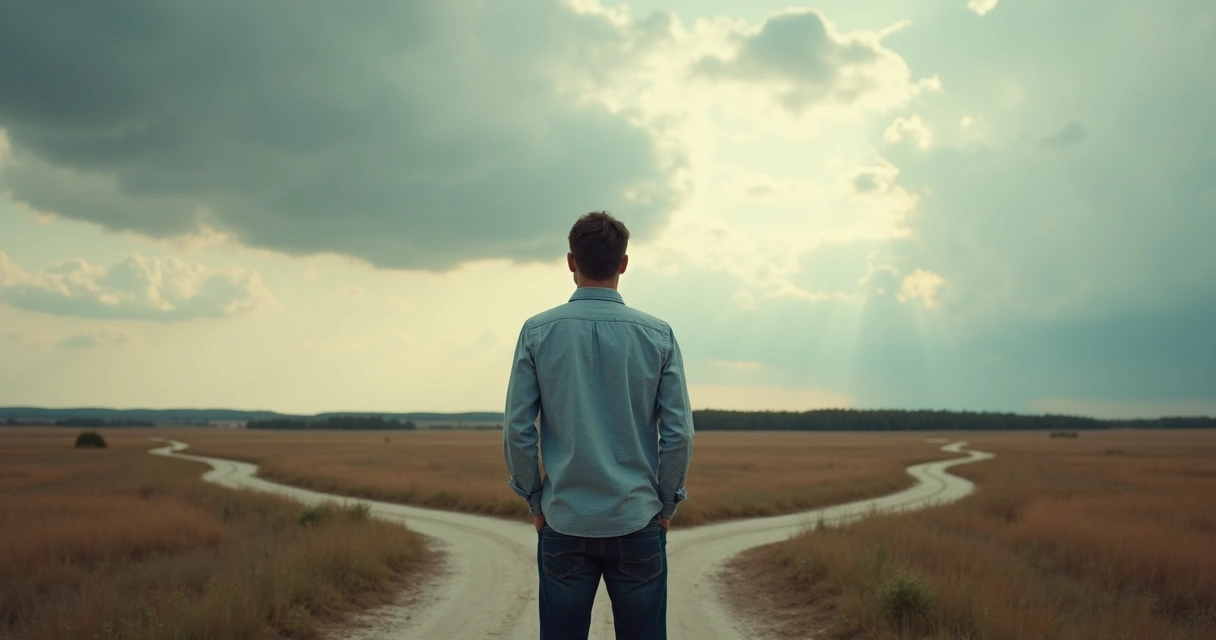 Homem parado em uma estrada em forma de cruzamento, olhando para múltiplas direções 