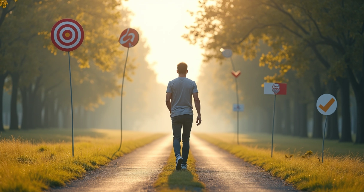 Homem caminhando em um caminho com símbolos de metas ao fundo