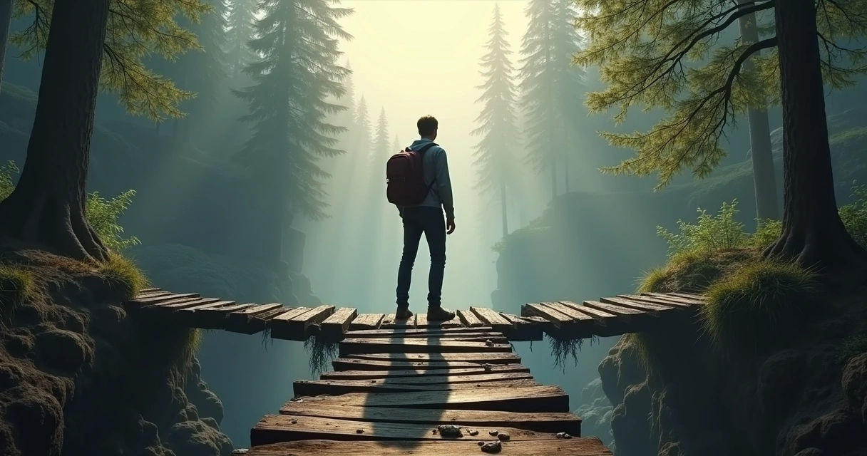 Homem caminhando em ponte quebrada, hesitante 