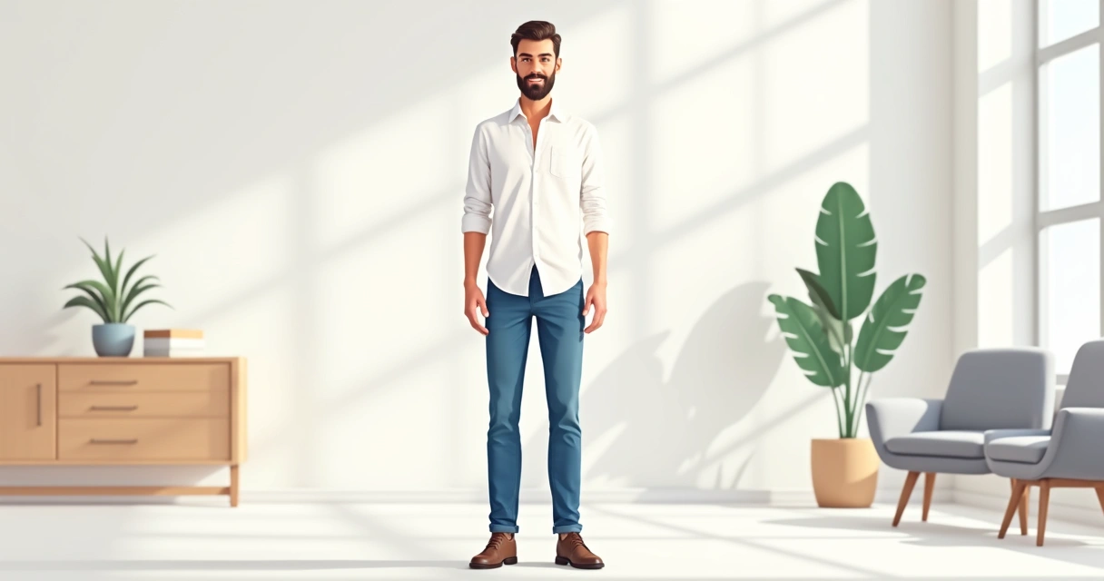 Homem usando camisa branca e jeans em ambiente casual