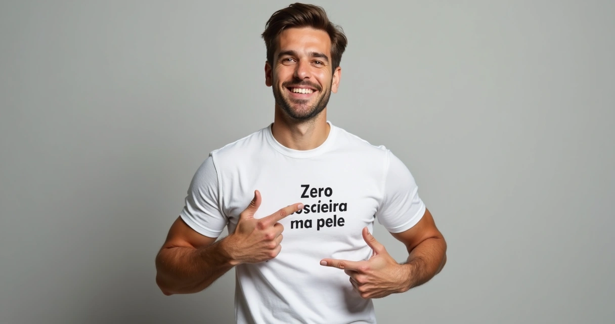 Homem usando camiseta mostrando etiqueta com destaque para benefício 