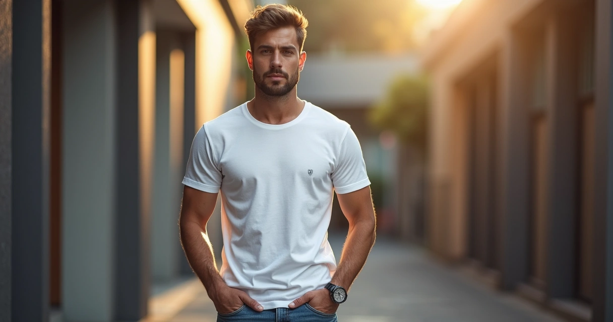 Homem usando camiseta branca de algodão, destaque para tecido e caimento