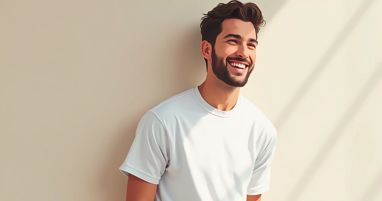 Homem usando camiseta gola careca, sorrindo e encostado numa parede clara