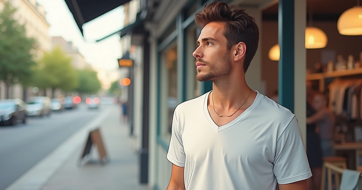 Homem com camiseta gola v olhando vitrine de loja, ambiente ensolarado