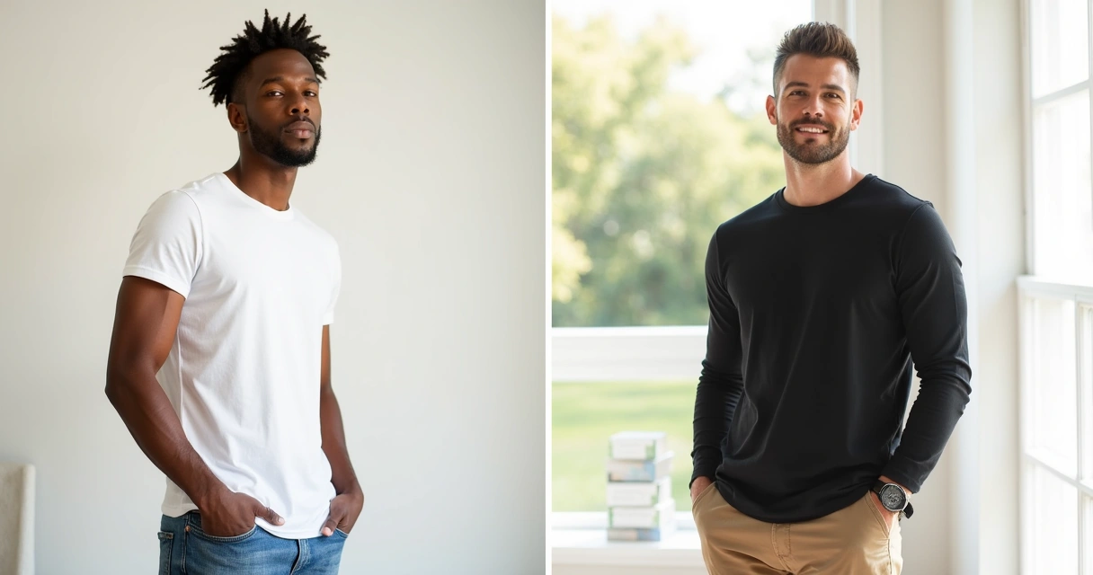 Homem usando camiseta masculina lisa branca de manga curta ao lado de outra de manga longa preta