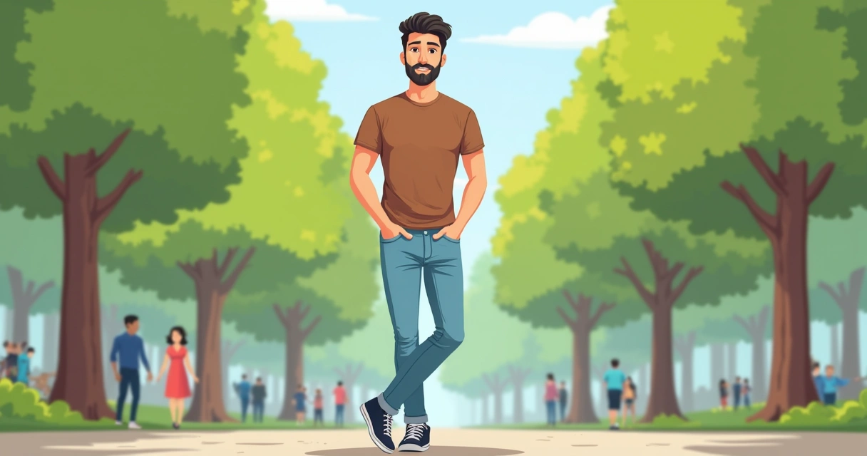 Homem usando camiseta marrom com calça jeans azul claro ao ar livre