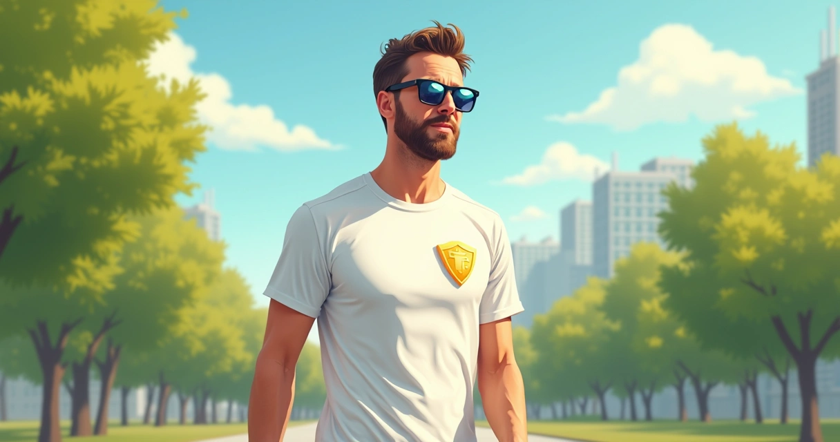 Homem usando camiseta masculina com proteção UV em um parque ensolarado