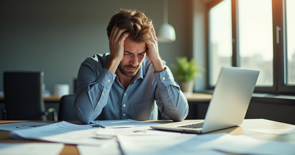 Homem sentado em mesa de escritório com expressão de cansaço mental 