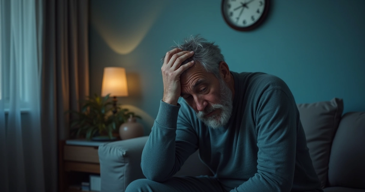 Homem sentado cabisbaixo na sala escura 