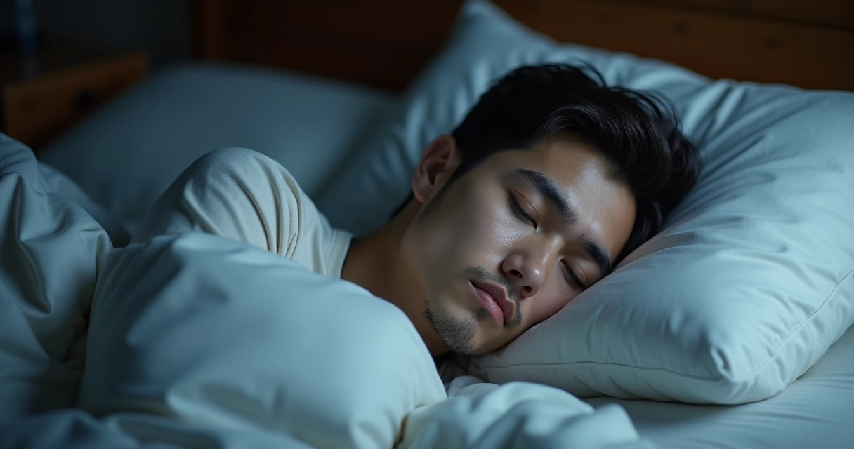 Homem cansado deitado na cama, rosto expressando fadiga, almofada e lençol brancos