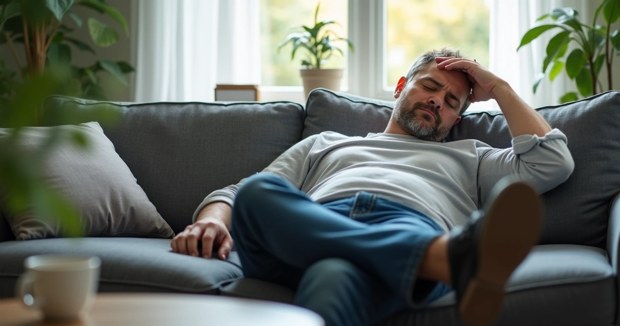 Homem cansado deitado no sofá