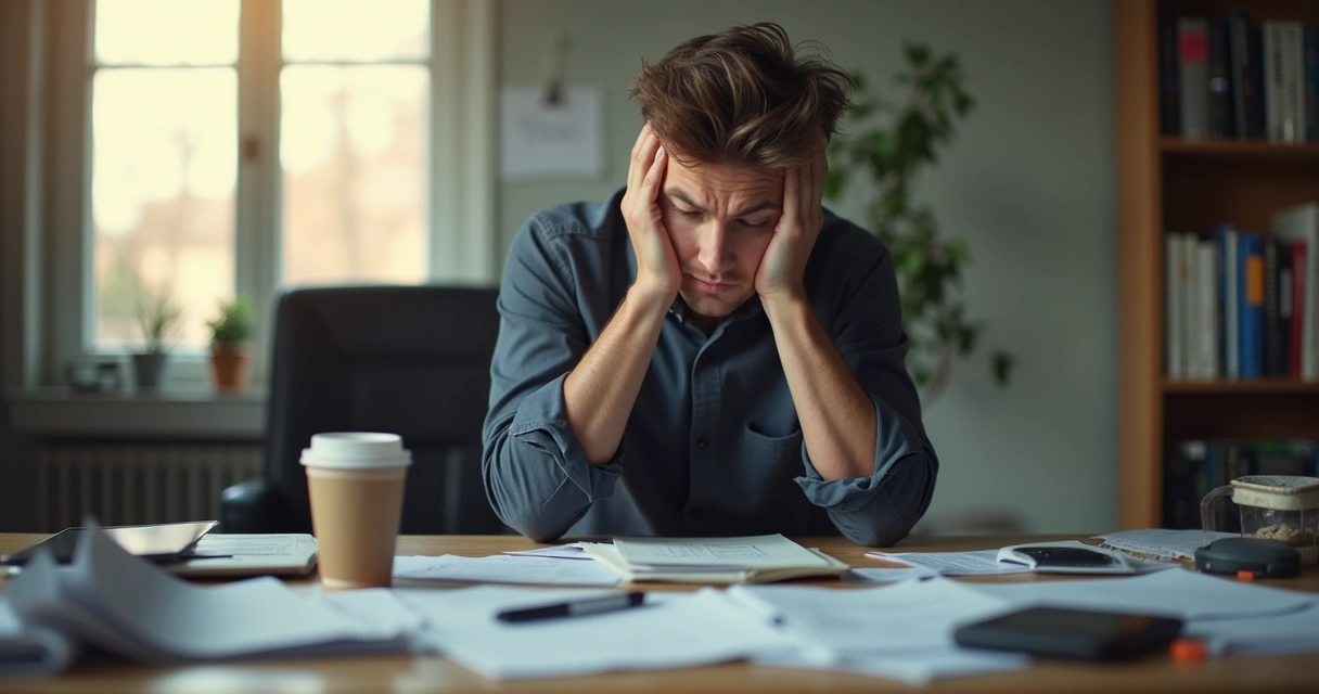 Homem jovem com expressão de cansaço sentado em mesa de escritório com papéis espalhados 