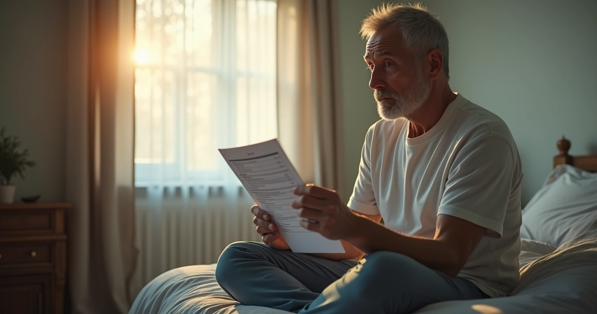 Homem cansado sentado na cama de manhã, segurando resultado de exame hormonal