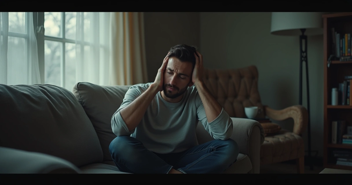 Homem sentado no sofá com expressão cansada segurando a cabeça 