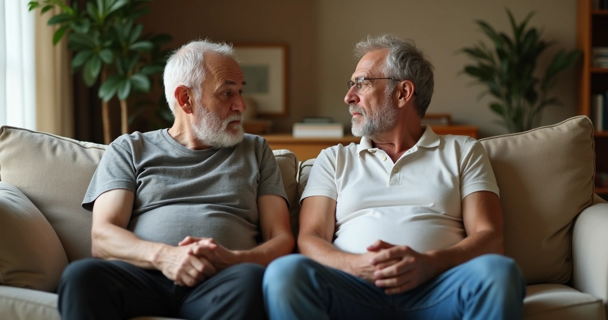 Homem e casal apoiando-se no sofá de casa