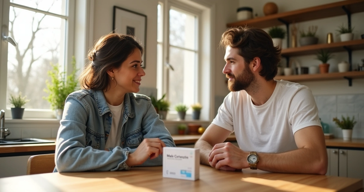Homem e mulher sentados conversando sobre planejamento familiar com uma caixa de anticonceptivo masculino na mesa