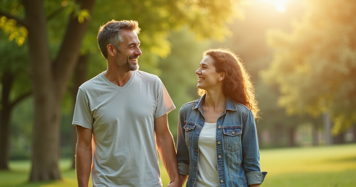 Homem sorrindo com parceiro(a) ao ar livre, natureza ao fundo, sensação de bem-estar e felicidade 