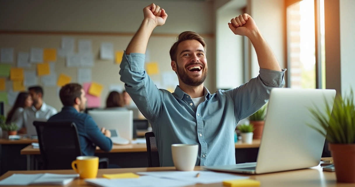 Homem sorrindo comemora conquista simples em ambiente de escritório 