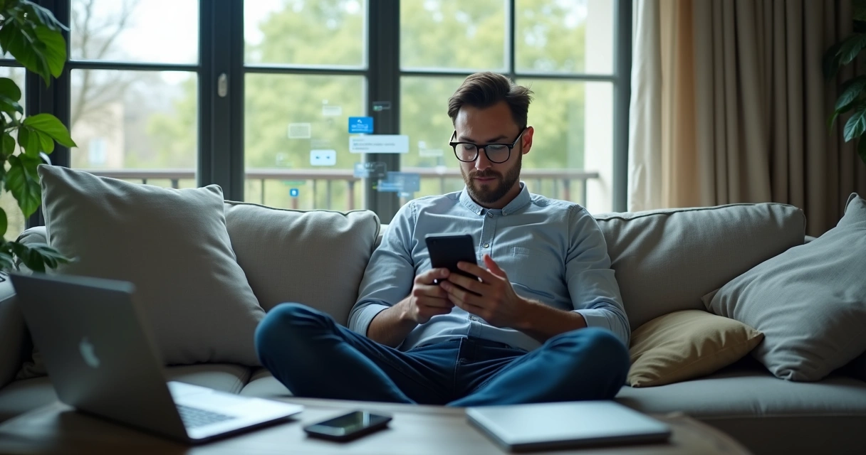 Homem sentado em uma sala, olhando para o celular, com diversos aparelhos eletrônicos ao redor