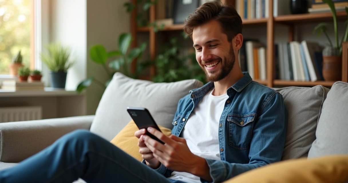 Homem olha para o celular analisando gráficos financeiros 