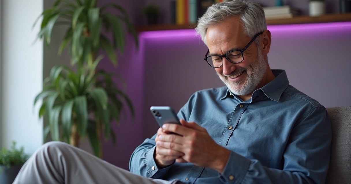 Homem sorrindo usando celular Nubank 