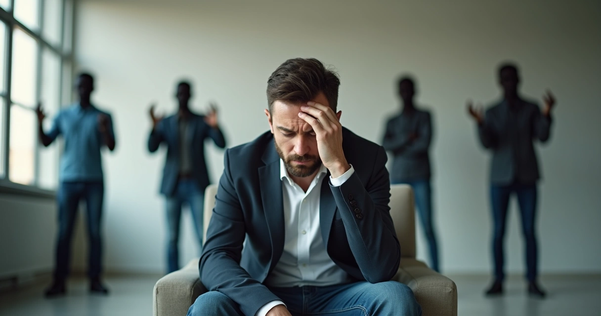 Homem pensativo cercado por silhuetas desfocadas cobrando expectativas 