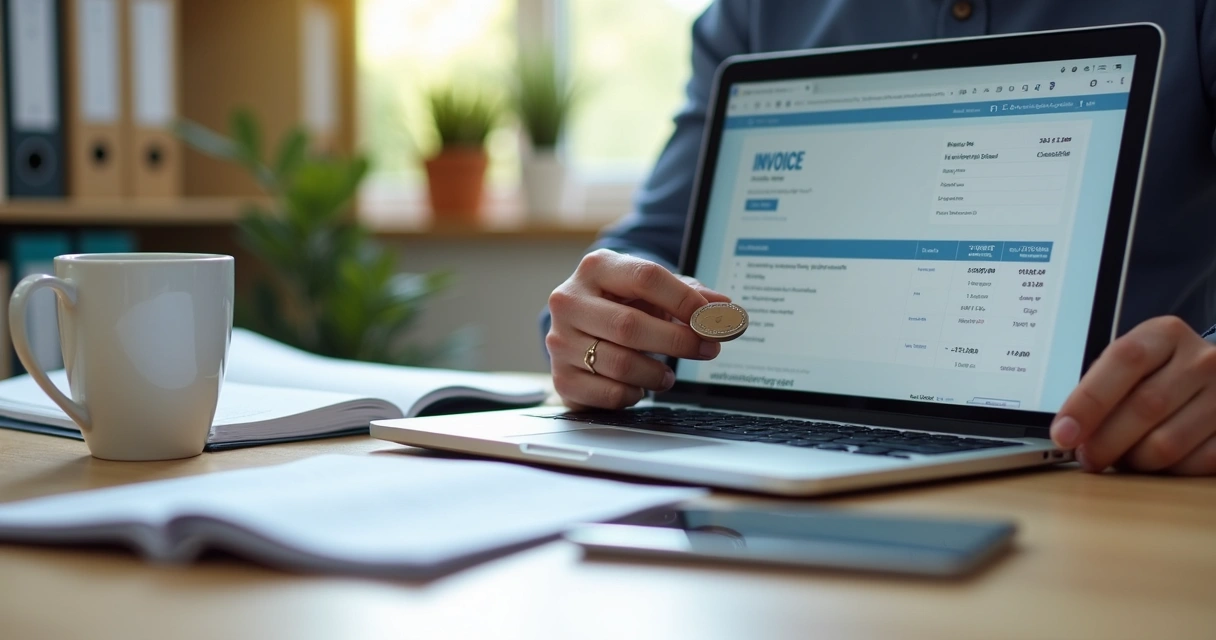 Homem segurando um token de certificado digital diante de um computador com tela exibindo formulário de nota fiscal eletrônica 