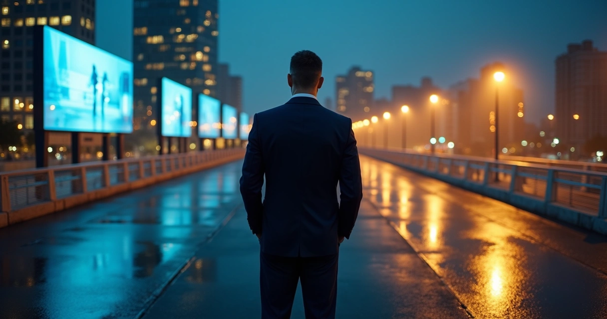 Homem de negócios em ponte urbana à noite dividido entre vida profissional e íntima 